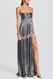Metallic Sexy Tube Top Pleated High Slit Maxi Dress