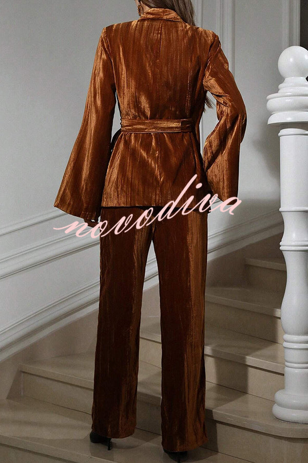 Solid Color Velvet Pleated Long-sleeved Tie Top and Casual Pocket Straight-leg Pants Set