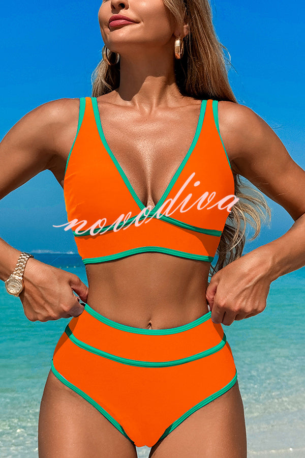 Solid Color Contrast High Waist Stretch Bikini Swimsuit