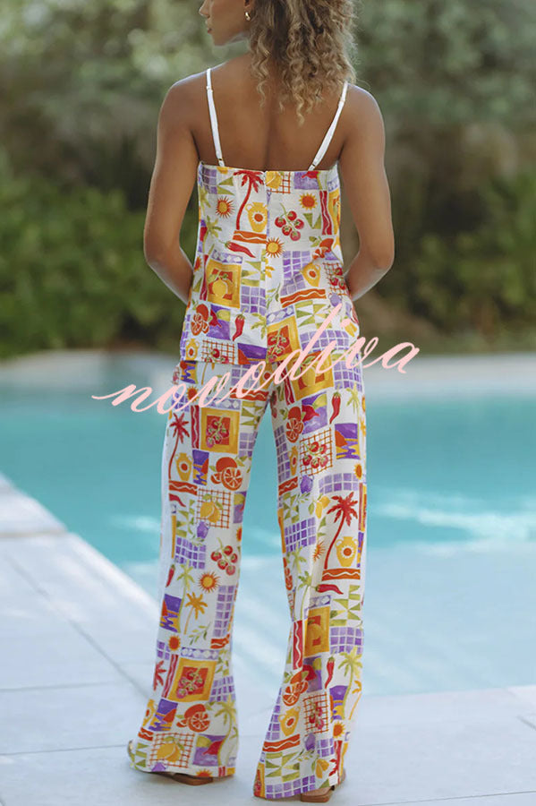 Katri Unique Print Front Slit Tank and Elastic Waist Pocket Wide Leg Pants Set