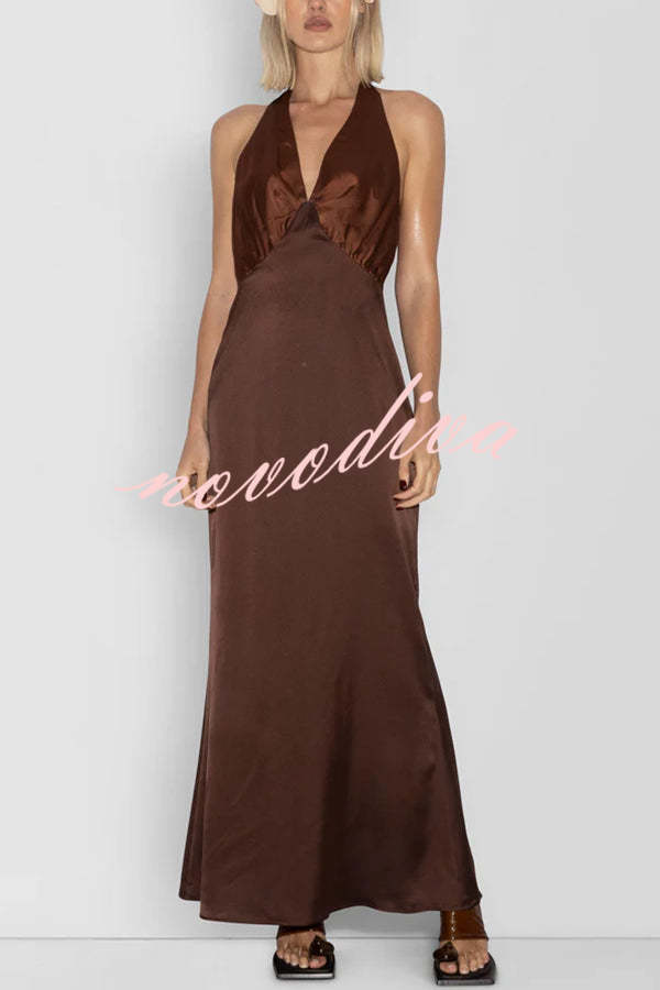 Like A Gem Satin Colorblock Halter Backless Party Maxi Dress