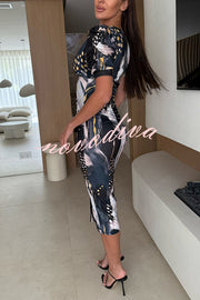 Unique Print V-Neck Puff Sleeve Slit Slim Midi Dress
