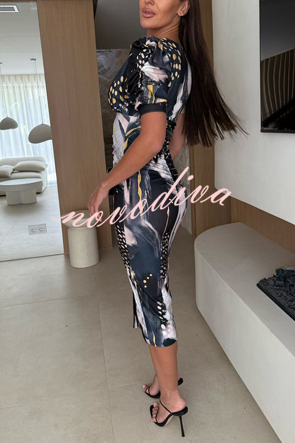 Unique Print V-Neck Puff Sleeve Slit Slim Midi Dress