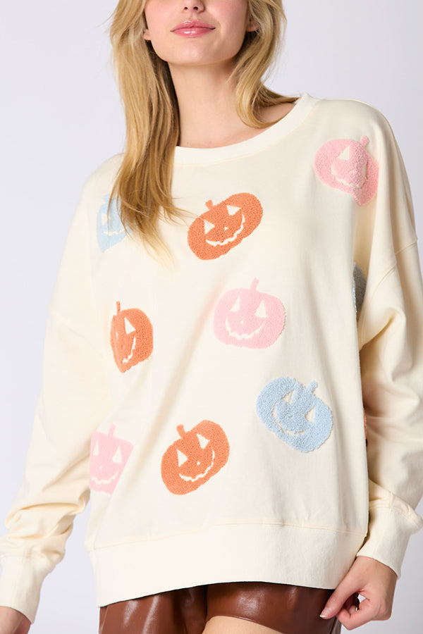 Halloween Colorful Pumpkin Embroidered Loose Casual Sweatshirt