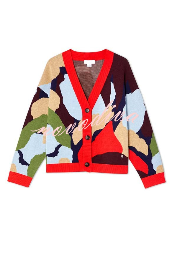 Bright and Bold Knit Abstract Color Blocks Button Long Sleeve Loose Cardigan