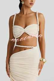 Sexy Halter Back Braided Suspender Top and Beach Holiday Style Hip-wrapped Maxi Skirt Set