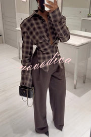 Vintage Plaid Shoulder Pad Buttons Long Sleeve Angled Hem Shirt