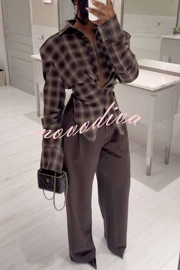 Vintage Plaid Shoulder Pad Buttons Long Sleeve Angled Hem Shirt