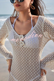 Solid Color Crochet Floral Long Sleeve Knit Hollow Cover-up Mini Dress