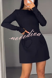 Anna Sparkling Gemstone Trim Heart Pocket Long Sleeve Mini Dress