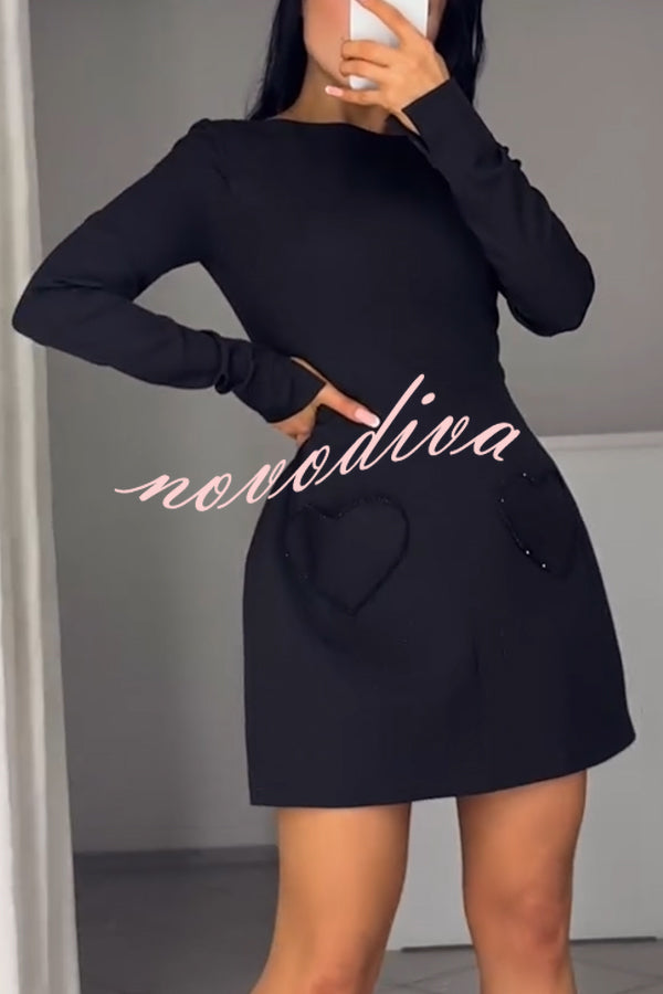 Anna Sparkling Gemstone Trim Heart Pocket Long Sleeve Mini Dress