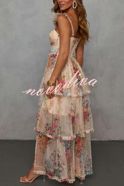 Romantic and Elegant Mesh Floral Back Smocked Tiered Ruffle Maxi Dress