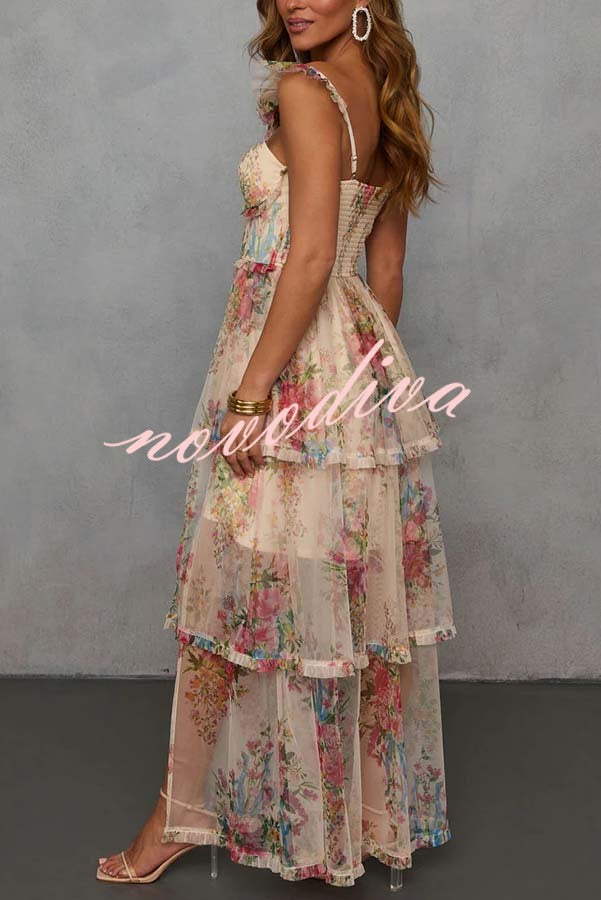 Romantic and Elegant Mesh Floral Back Smocked Tiered Ruffle Maxi Dress