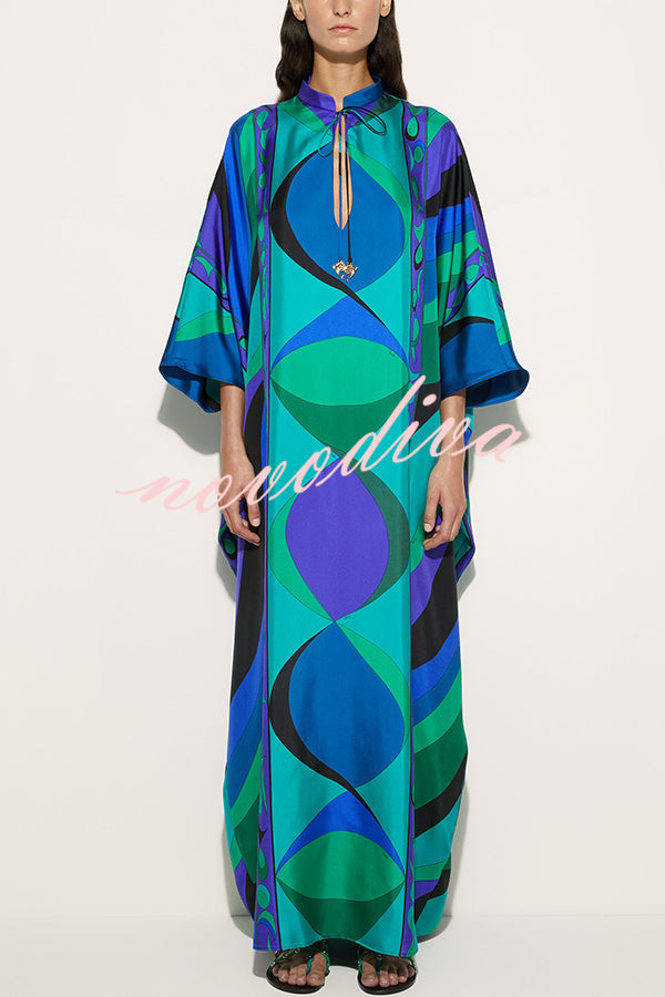 Holiday Choice Satin Unique Print Drape Wide Sleeve Loose Kaftan Maxi Dress