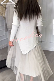 Jensine Ribbed Knit Irregular Loose Sweater and Pleated Tulle Tank Midi Dress Two-piece Set