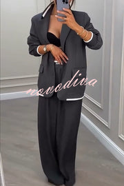 Fashion Sports Style Ribbed Colorblock Lapel Blazer and Elastic Waist Pocket Loose Pants Set