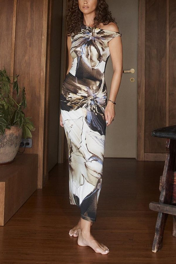 Charming Mentality Abstract Floral Print One Shoulder Stretch Maxi Dress