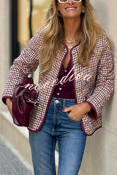 Warm Texture Plaid Button Quilted Pocket Loose Cotton Jacket