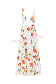 Eliska Linen Blend Poppy Print Cutout Contrast Trim A-line Maxi Dress