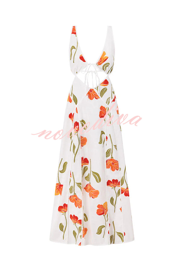 Eliska Linen Blend Poppy Print Cutout Contrast Trim A-line Maxi Dress