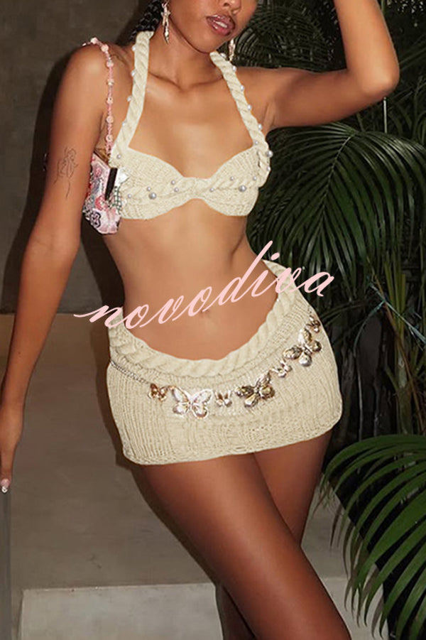 Sexy Halterneck Pearl-embellished Lace-up Tank and Fitted Knit Mini Skirt Set