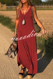 Solid Color V-neck Sleeveless Casual Loose Maxi Dress