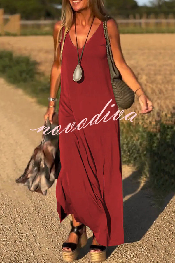 Solid Color V-neck Sleeveless Casual Loose Maxi Dress