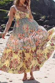 Floral Print Strappy Pleated Paneled Maxi Dress