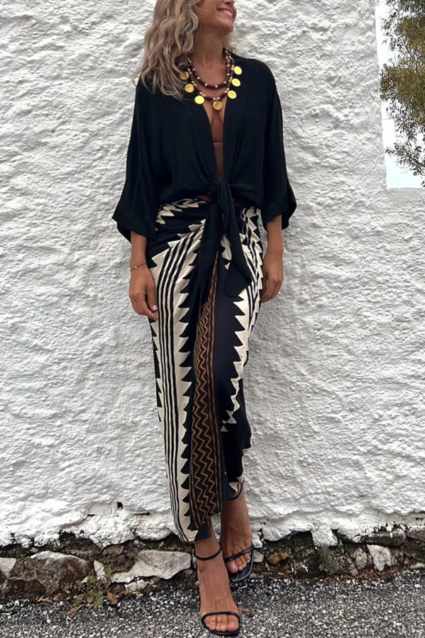 Astra Ethnic Print High Waist Ruched Wrap Maxi Skirt