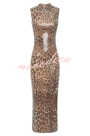 Sparkle Every Step Leopard Sequin Pattern High Neck Slit Stretch Maxi Dress