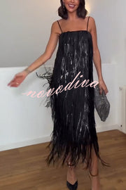 Chic Celebration Layered Sequined Tassels Slip Strapless H-line Midi Dress