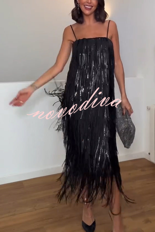Chic Celebration Layered Sequined Tassels Slip Strapless H-line Midi Dress