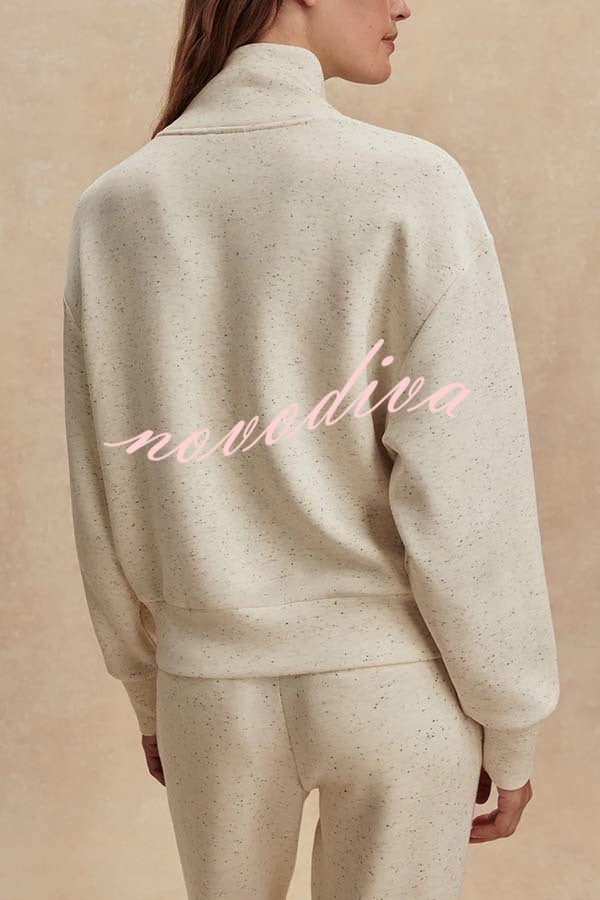 Ivory Marl Fleck Half-Zip Neck Long Sleeve Sweatshirt and Elastic Waist Pocket Jogger Set