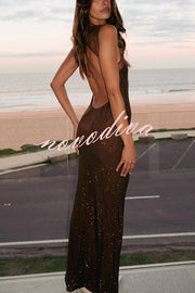 Midnight Fantasy Sequin Mesh Shoulder Strap Open Back Stretch Maxi Dress