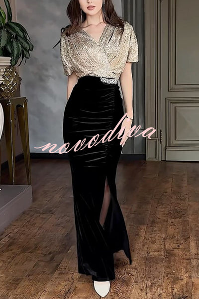 Elegant V-neck Sequined Velvet Stitching Sexy Slit Maxi Dress