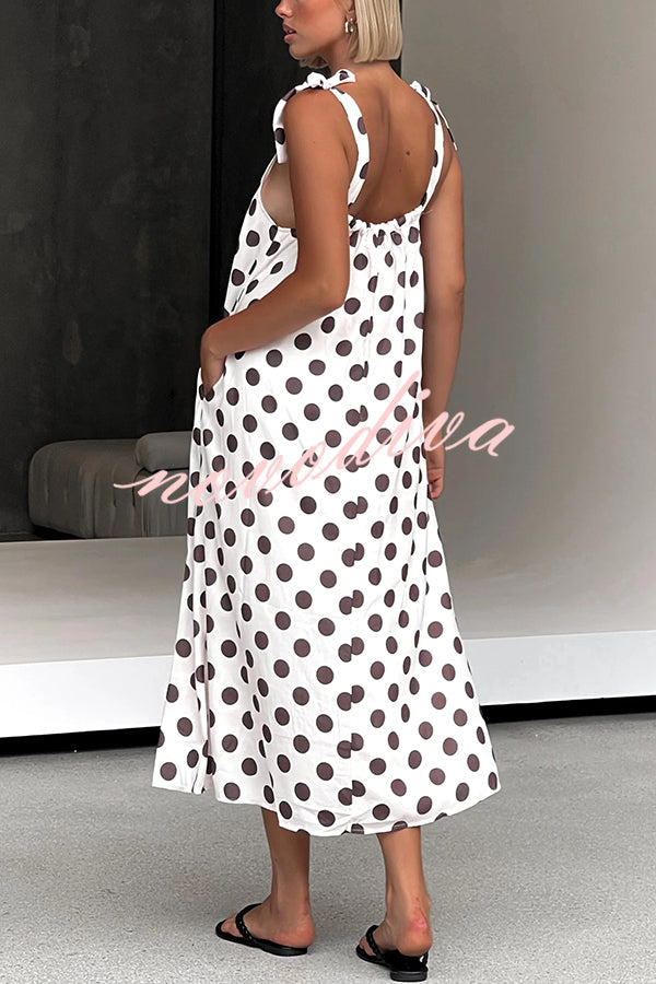 Polka Dot Print Suspenders Strappy Backless Loose Pocket Midi Dress