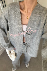 Solid Color V-neck Tie Long-sleeved Loose Knit Cardigan and Elastic Waist Casual Straight Leg Pants Set