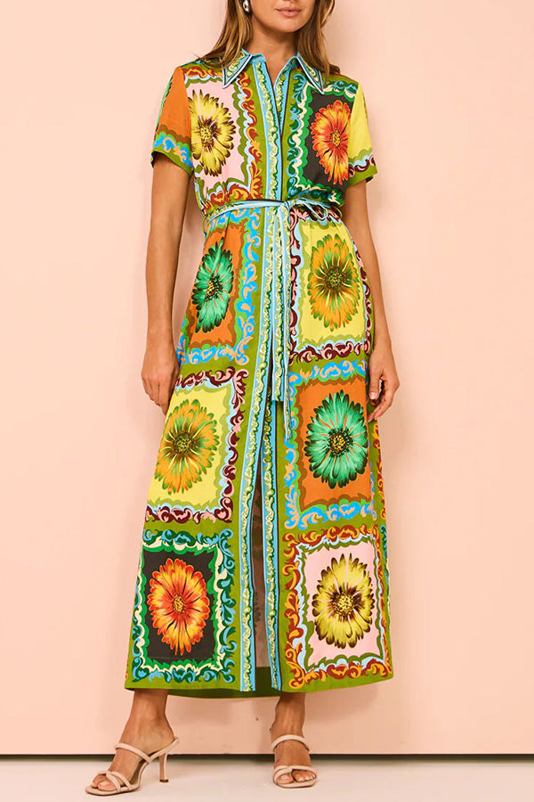 Exaggerated Unique Print Lace Up Button Maxi Dress