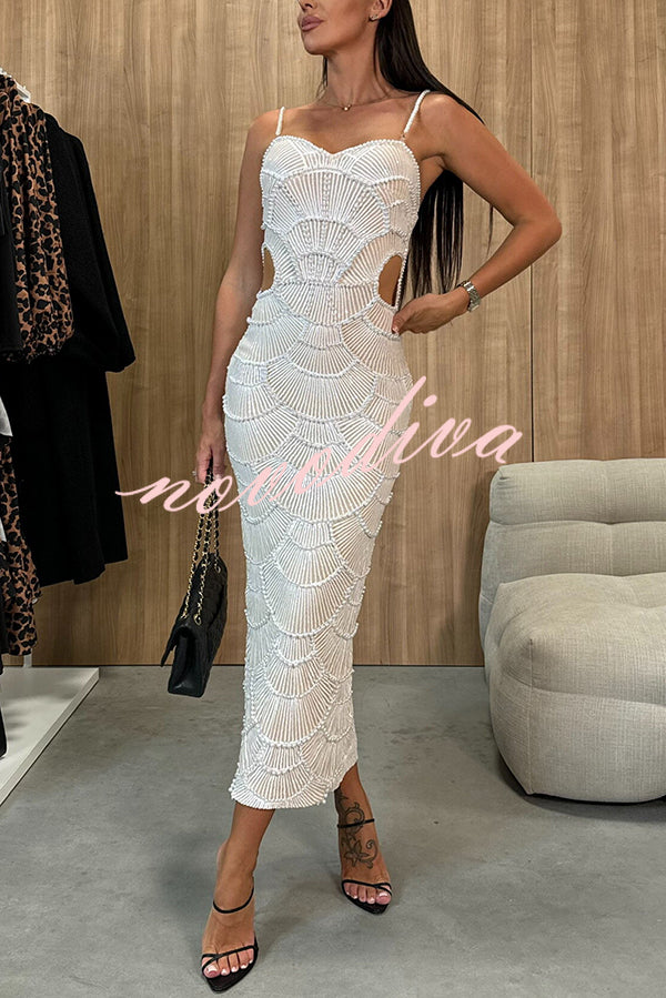 Own It Pearl Sequin Embellished Sexy Backless Cutout Strap Maxi Dress