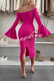 Solid Color Sexy Off-shoulder Trumpet Sleeve Slim Midi Dress