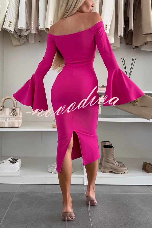 Solid Color Sexy Off-shoulder Trumpet Sleeve Slim Midi Dress