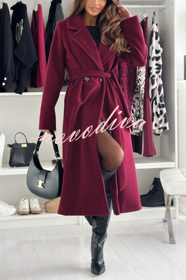 Solid Color Lapel Long Sleeve Waist Tie Long Coat