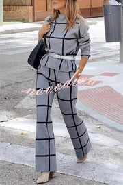 Fashionable Plaid Turtleneck Long Sleeve Top and Elastic Waist Tie Pocket Pants Set