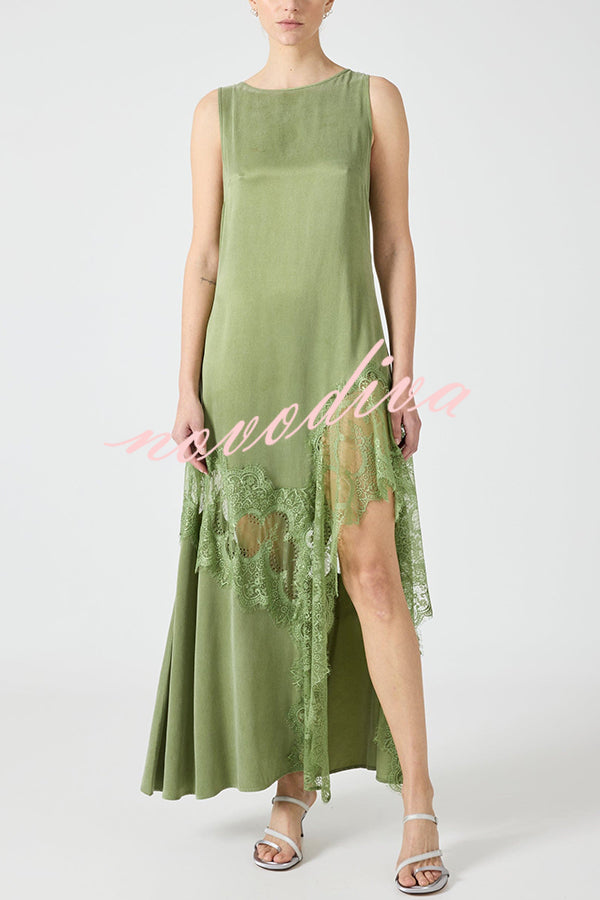 Pretty Soul Satin Lace Trim Wide Neck Irregular Hem Slit Maxi Dress
