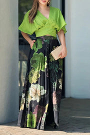 Stylish V-neck Loose Crop Top and Floral Print Pocket Maxi Skirt Set