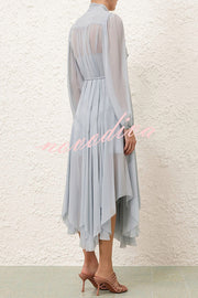 Elegant and Graceful Tie-up Neck Long Balloon Sleeve Handkerchief Midi Dress