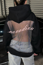 Fashionable Shiny Mesh Hollow Back Loose Long-sleeved Hooded Sweatshirt