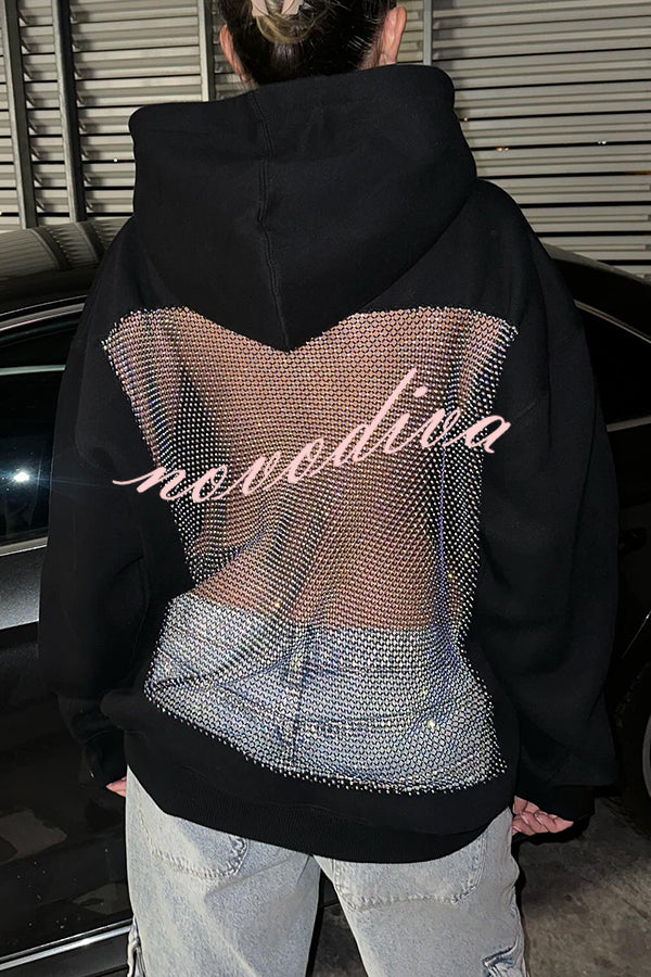 Fashionable Shiny Mesh Hollow Back Loose Long-sleeved Hooded Sweatshirt