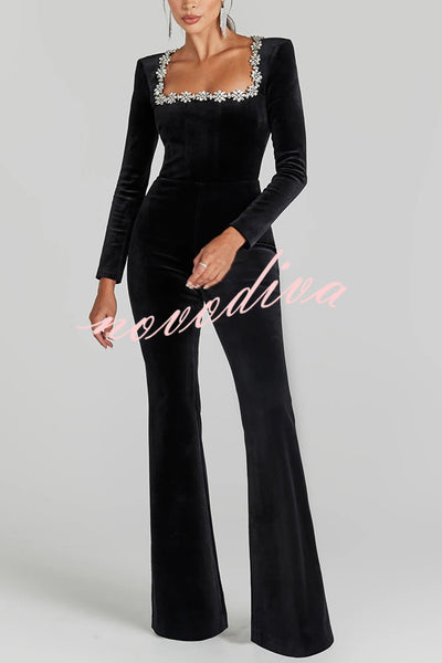 Classic Charm Velvet Jewel Embellished Trim Long Sleeve Flare Jumpsuit