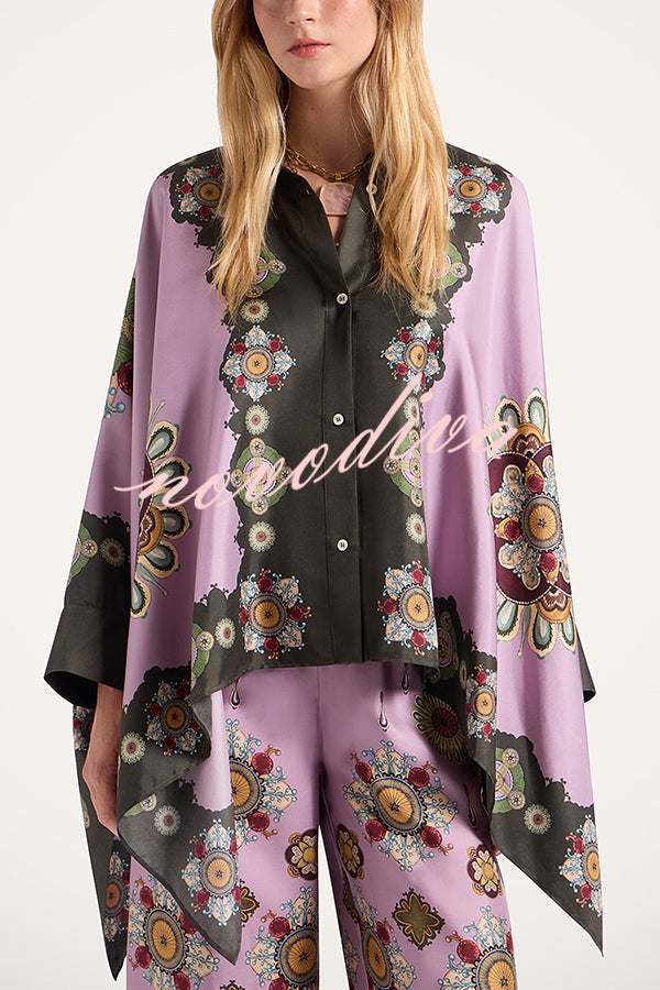 Satin Unique Print Loose Batwing Sleeve Top and Elastic Waist Pocket Casual Wide-leg Pants Set